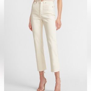 Super High Waisted Off-White Raw Hem Straight Jeans